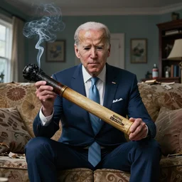 joe biden holding a giant smokey joint while sitting on a couch in a messed up apartment, stoned eyes, smoke, beautiful digital art, amazing detail, artstation, award winning, sharp