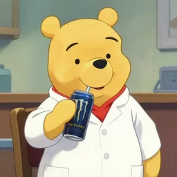 human winnie the pooh wearing a lab coat and drinking an energy drink