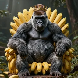 stern silverback gorilla with a crown, sitting on a throne made of bananas, epic photorealistic digital art