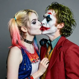 photograph of Harley Quinn kissing the joker
