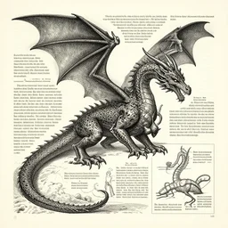 old encyclopedia illustrations presenting dragons, with descriptive text, informative diagrams and notes