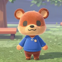otter animal crossing villager with brown fur and blue sweater