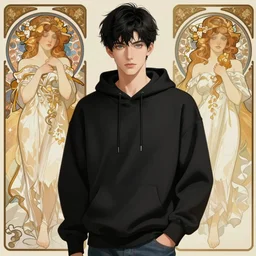 handsome young man with short black hair, light blue eyes, pale skin, black hoodie, jeans, half body shot, path traced, highly detailed, high quality, digital painting, alena aenami, leonid afremov, lilia alvarado, shinji aramaki, karol bak, alphonse mucha, tom bagshaw