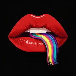 illustration of juicy red lips with colorful vivid neon stripes, on the black background,