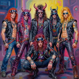 detailed oil painting of a scifi apocalyptic demonic orcish goblin biker gang by michael whelan, characters in cool poses, group photo, psychedelic vibrant colors, futuristic punk rock fashion, oil painting by michael whelan art, sharp focus, realistic, biker goggles, 8 0 s hair, studded leather jacket, 8 k