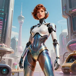 attractive female android in feminine pose on a hyper-maximalist overdetailed retrofuturist scifi bookcover illustration from '70s. Inspired by shadowrun darkscifi utopia.. Biopunk, solarpunk style. Daytime