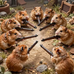 highly detailed image of hamsters in a battle, hamsters, hamsters holding rifles, stephen bliss, unreal engine, fantasy art by greg rutkowski, global illumination, detailed and intricate environment