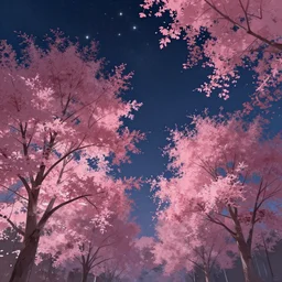 looking up at trees with pink leaves, night sky, stars, artstation, jakub rozalski