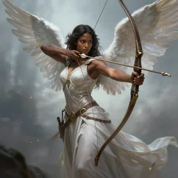 a beautiful angelic woman, dark skin, wielding a longbow, fantasy art, art by greg rutkowski and artgerm, amazing detail, illustration, epic,, artstation, concept art, sharp focus, cinematic