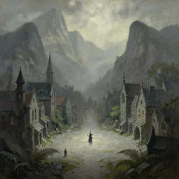 city square in the dwarven metropolis of streams and ferns, located between the mountains. oil painting by award - winning visual concept artist, gothic horror, impressionism, depth of field, backlighting, minimalism