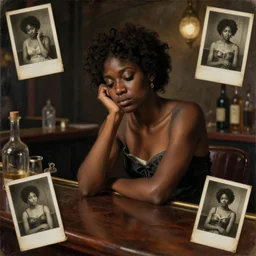a heveanly renaissance painting of a melancholic black woman at a bar, old photos, old pictures, trending on artstation, cinematic, dramatic scene