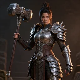 female warrior with spiky armour with a mace, highly detailed, dramatic lighting, cinematic, 4k