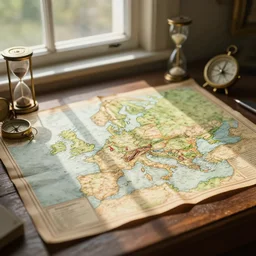 old fictional map similar to middle - earth on a table near window with a sunlight pouring through and creating soft shadows surrounded by compass and hourglass and sextant, bokeh, focus on map, artstation, digital art