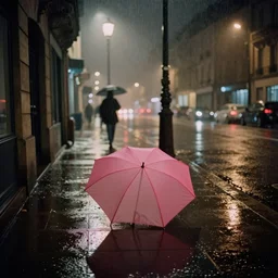 street of paris photography, night, rain, mist, a pink umbrella on the floor, cinestill 8 0 0 t, in the style of william eggleston