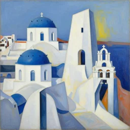 a painting of abstract buildings like santorini by zaha hadid and yves tanguy