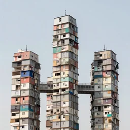 intertwined high towers made up of stacked makeshift shelters, uniform plain sky, mamiya, very sharp, very detailed, pastel colours, photographed by cristina de middel