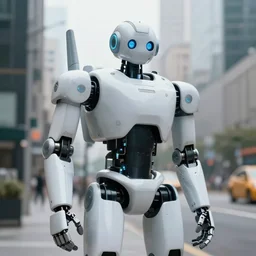 A realistic photo of a robot in the city