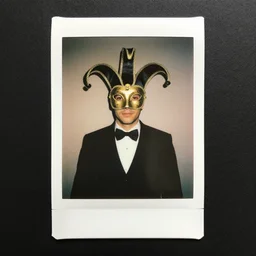 a Polaroid photo of a man in a suit wearing a Venetian Pierrot mask
