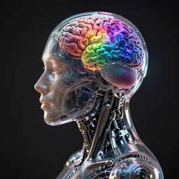 close - up portrait photo of cybernetic exoskeleton human, transparent body, profile, brain is a nebula in rainbow color, fashion photography