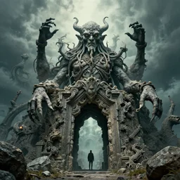 a gateway to heaven in a surreal and organic stone monument to cthulhu