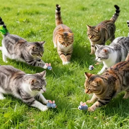 color still of a group of cats playing with toy mice, grassy field, high detail, bright sunny day, photorealistic