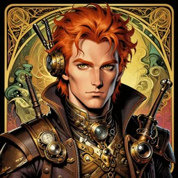 a detailed portrait illustration of a steampunk tech - sorcerer. attractive male face, ginger. art nouveau, pop art, comic book style. influenced by neil gaiman, h. p. lovecraft, dan mumford, brian froud, heade, killian eng, ross tran.