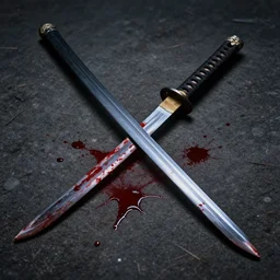 an katana sword on the ground with blood stain, cinematic