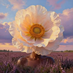 closeup, giant flower as head, an african woman in a heather field, surreal photography, golden hour, colorful clouds, impressionist painting, digital painting, artstation, simon stalenhag