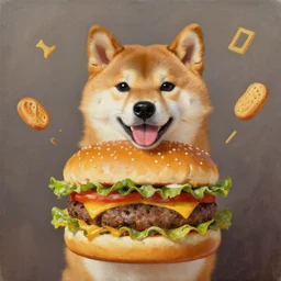 a shiba inu dog inside a magical hamburger revealing your fate, oil painting
