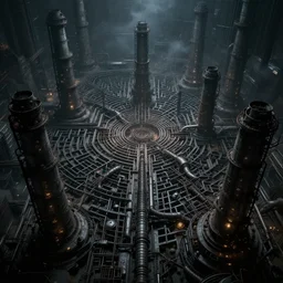 futuristic dystopian endless, intricate, complex, labyrinthine, byzantine, tangled, industrial complex, smokestacks, pipelines and ducts and vents, matte painting, smoke, night, gloomy, dark, dramatic, cinematic, volumetric lighting, gods eye view