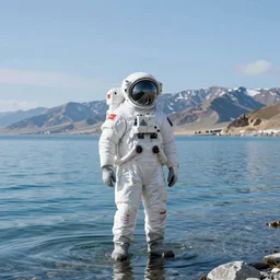 ultra-realistic octane render of astronaut standing in the water of Lake Baikal and looking at the mountains. Trending on artstation