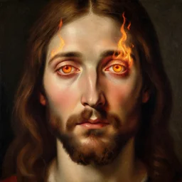 portrait of jesus christ with fire in his eyes, by nicola samori, painting, 8 k, high detail