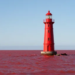 beautiful lonely red lighthouse, standing behind red water, 4 k resolution, ultra detailed, style of greg rutkowski, ryan dening,