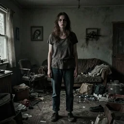a woman with adhd - ip stands in her messy house. folk horror. detailed.