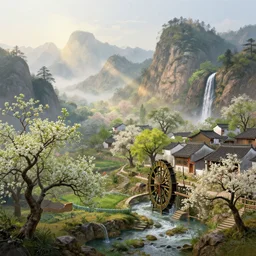 a gorgeous landscape painting by barlowe wayne maxfield parrish and marco mazzoni. early spring morning. hyper detailed trees has just sprouted. tyndall effec!! light effect. chinese village. china waterwheel. the winding steps, waterfall from the mountain. ultra clear detailed. highly detailed, 3 d, octane render.
