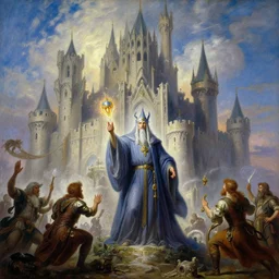 stunning male master wizard building a huge castle with his magic, highly detailed painting by gaston bussiere, craig mullins, j. c. leyendecker, 8 k