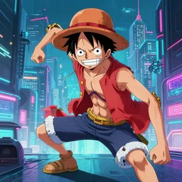 Luffy from one piece in a cyberpunk city