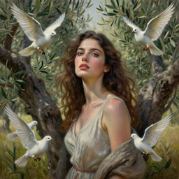 portrait of first beautiful woman on earth between olive trees and doves of peace, dynamic lighting, cinematic, establishing shot, extremely high detail, photo realistic, cinematic lighting, oil painting, intricate line drawings