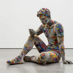 stunning intriguing sculpture of man sitting on the floor with an iphone, composed of tiny colorful details, hyperdetailed, contemporary masterpiece, in clean minimal style museum, deep focus, striking
