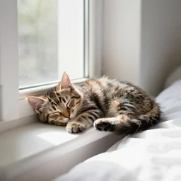 a fluffy, brindle kitten sleeping near the window of a cozy, white bedroom, during a sunny morning, realistic