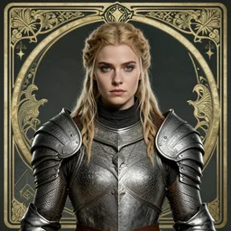Elisha Cuthbert as a Elden Ring warrior masterpiece, intricate medieval armour, centred symmetrical portrait, shoulders and head, art nouveau tarot style, golden halo, by Edgar Maxence, Ross Tran, distaw Beksinski, Michael Whelan, gustav dore, H.R. Giger, and Mucha, 8k, octane render