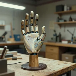 a inspecting a beautifully handmade robot hand on a bench in a workshop in the year 2 0 3 0 in the style of wayne barlowe, gaudi, dali, frazetta