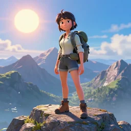 a ( ( disney pixar 3 d ) ) film animation still portrait of a 1 9 5 0's adventurer hiker girl atop a big mountain, finely detailed features, water, sun, gapmoe yandere grimdark, trending on pixiv fanbox, painted by greg rutkowski makoto shinkai takashi takeuchi studio ghibli, pixar, 3 d. octane