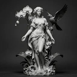 surreal mythical dreamy dark artistic black and white fine art photo of a monumental wax sculpture of a female, orchid, bird, cybor
