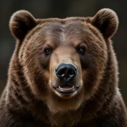 portrait of a grizzly bear face, goofy expression, studio backdrop, hyper realistic, detailed digital painting, close up, low - key lighting, dramatic lighting, studio lighting, dark