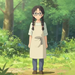 a beautiful full body portrait of a young woman with two thick braids behind, wearing glasses and an apron standing in a park, very symmetric and beautiful face, makoto shinkai, james gilleard, ilya kuvshinov, very detailed, matte, gaussian blur, tone mapped William-Adolphe, trending on pixiv