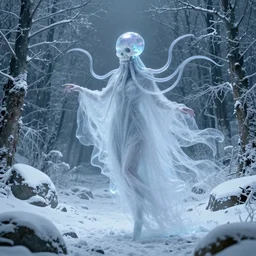 concept designs of an ethereal ghostly wraith like figure with a squid like parasite latched onto its transparent skull and long tentacle arms that flow lazily but gracefully at its sides like a cloak while it floats around a frozen rocky tundra in the snow searching for lost souls and that hides amongst the frosted trees, this character has hydrokinesis and electrokinesis in the style of arcane the series on netflix