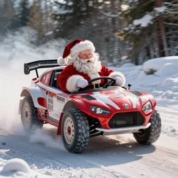 Santa Clause driving a rally car he is going fast there is smoke coming from the tires there is snow on the track you can clearly see Santa Clause driving he is fat and jolly, realistic lighting, realistic shadows, highly reflective, photo realistic, hyper realistic