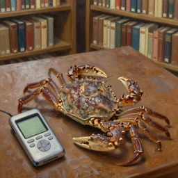 horseshoe crab with a walkman in a library, oil painting, high quality, detailed