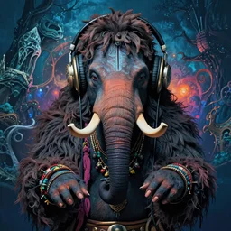 a symmetrical matte portrait of a lord krishna woolly mammoth dj with large headphones, dark, brooding, painted, psychdelic hippy, ice age. in the style of howls moving castle, well composed, best on artstation, epic, stunning, gorgeous, vivid tones, wow, masterpiece